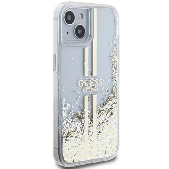 Guess GUHCP15SLFCSEGT iPhone 15 / 14 / 13 6.1" transparent hard Husă Lichid Glitter Gold Stripes