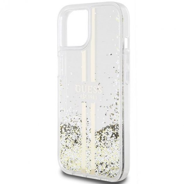 Guess GUHCP15SLFCSEGT iPhone 15 / 14 / 13 6.1" transparent hard Husă Lichid Glitter Gold Stripes