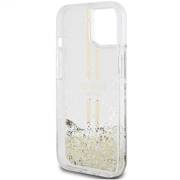 Guess GUHCP15SLFCSEGT iPhone 15 / 14 / 13 6.1" transparent hard Husă Lichid Glitter Gold Stripes