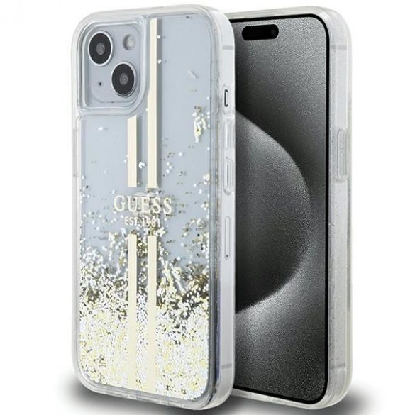 Guess GUHCP15MLFCSEGT iPhone 15 Plus / 14 Plus husă rigidă transparentă de 6,7 inchi, cu sclipici lichid, dungi aurii