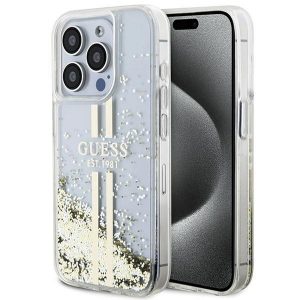 Guess GUHCP15LLFCSEGT iPhone 15 Pro 6.1" husă transparentă, cu sclipici lichid, dungi aurii