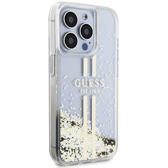 Guess GUHCP15LLFCSEGT iPhone 15 Pro 6.1" husă transparentă, cu sclipici lichid, dungi aurii