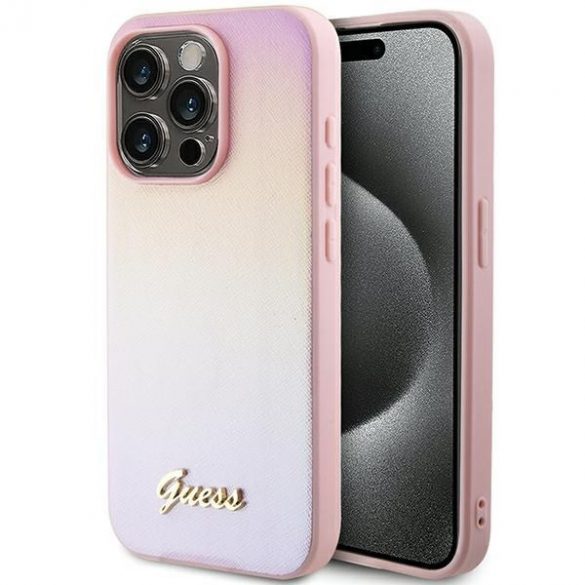 Guess GUHCP14XPSAIRSP iPhone 14 Pro Max 6.7" rożowy/roz hardcase Saffiano Iridescent Script