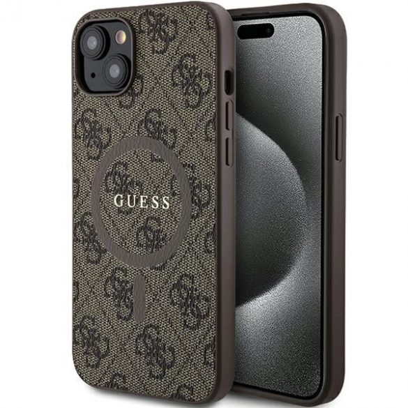 Guess GUHMP14SG4GFRW iPhone 14 / 15 / 13 6.1" brązowy/maro husă rigidă 4G Collection Leather Metal Logo MagSafe