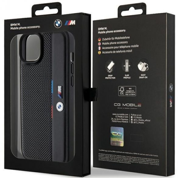 BMW BMHCP15M23PUPVK Carcasă rigidă pentru iPhone 15 Plus / 14 Plus de 6,7 inchi, negru/czarny Linie tricoloră perforată