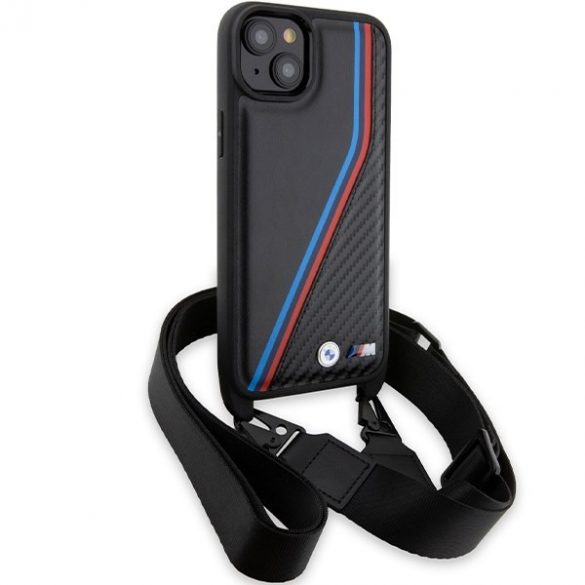 BMW BMHCP15S23PSVTK iPhone 15 / 14 / 13 carcasă rigidă/neagră Ediția M Carbon Tricolor Lines & Strap