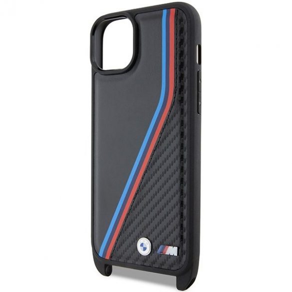 BMW BMHCP15S23PSVTK iPhone 15 / 14 / 13 carcasă rigidă/neagră Ediția M Carbon Tricolor Lines & Strap