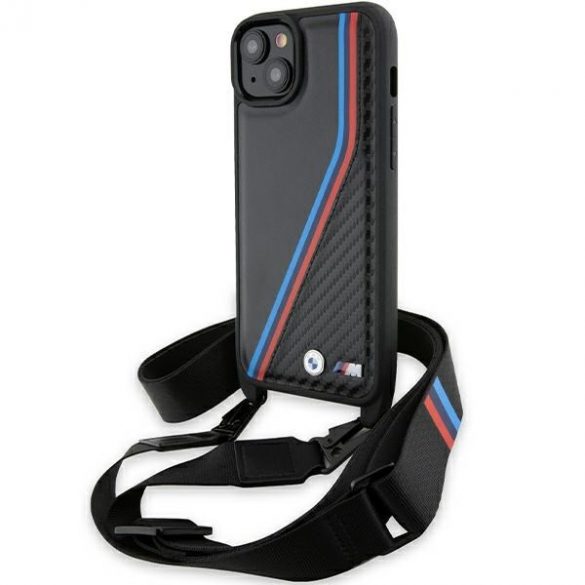 BMW BMHCP15M23PSVTK iPhone 15 Plus / 14 Plus 6.7" carcasă rigidă/neagră Ediția M Carbon Tricolor Lines & Strap