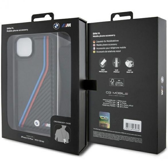 BMW BMHCP15M23PSVTK iPhone 15 Plus / 14 Plus 6.7" carcasă rigidă/neagră Ediția M Carbon Tricolor Lines & Strap