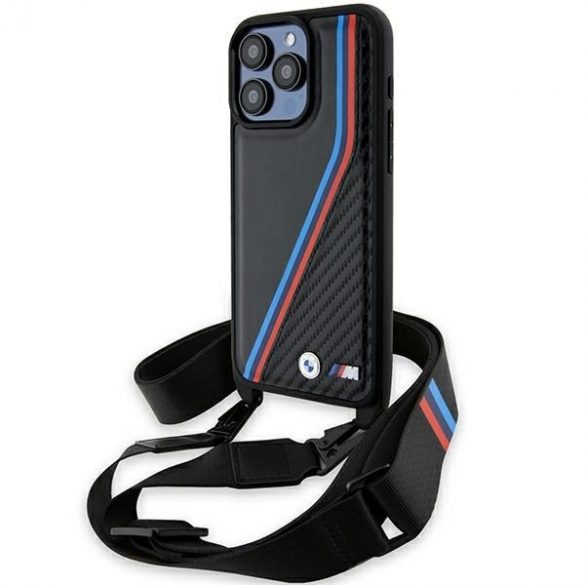 BMW BMHCP15L23PSVTK iPhone 15 Pro 6.1" carcasă rigidă/neagră Ediția M Carbon Tricolor Lines & Strap