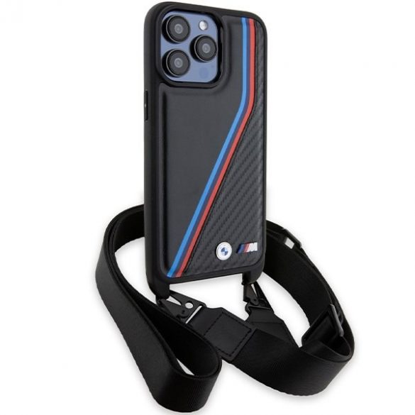 BMW BMHCP15L23PSVTK iPhone 15 Pro 6.1" carcasă rigidă/neagră Ediția M Carbon Tricolor Lines & Strap