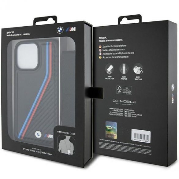 BMW BMHCP15L23PSVTK iPhone 15 Pro 6.1" carcasă rigidă/neagră Ediția M Carbon Tricolor Lines & Strap