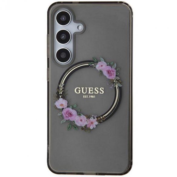 Guess GUHMS24SHFWFCK S24 S921 carcasă rigidă/neagră IML Flowers Wreath MagSafe