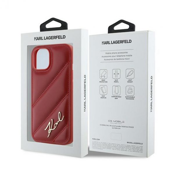 Karl Lagerfeld KLHCP15SPQDSMGR iPhone 15 / 14 / 13 6.1" carcasă rigidă de culoare roșie cu scriere diagonală matlasată