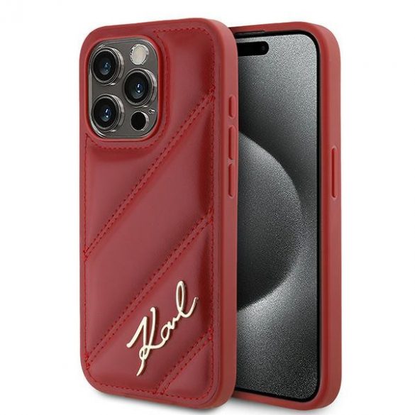 Karl Lagerfeld KLHCP15XPQDSMGR iPhone 15 Pro Max 6,7" carcasă rigidă, roșie, cu scriere diagonală matlasată