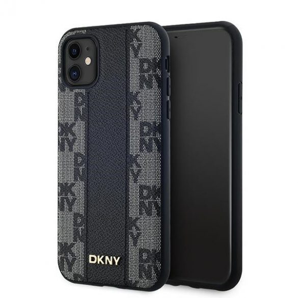 DKNY DKHMN61PCPVSLK Carcasă rigidă pentru iPhone 11 / Xr de 6,1 inchi/negru, piele, în carouri, model mono MagSafe