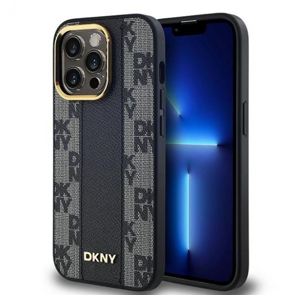 DKNY DKHMP13LPCPVSLK iPhone 13 Pro / 13 6,1" husă rigidă neagră/czarny din piele Motiv mono în carouri MagSafe