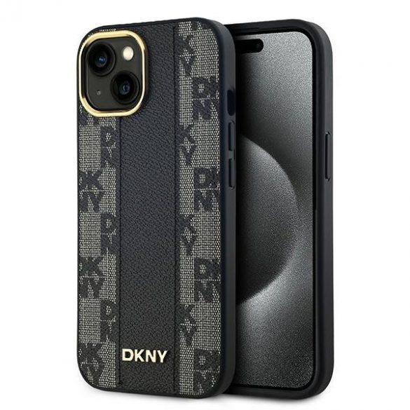 DKNY DKHMP14SPCPVSLK iPhone 14 / 15 / 13 Carcasă rigidă de 6,1 inchi, neagră/czarny, din piele, model mono, în carouri MagSafe