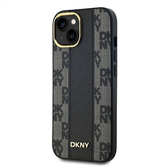 DKNY DKHMP14SPCPVSLK iPhone 14 / 15 / 13 Carcasă rigidă de 6,1 inchi, neagră/czarny, din piele, model mono, în carouri MagSafe