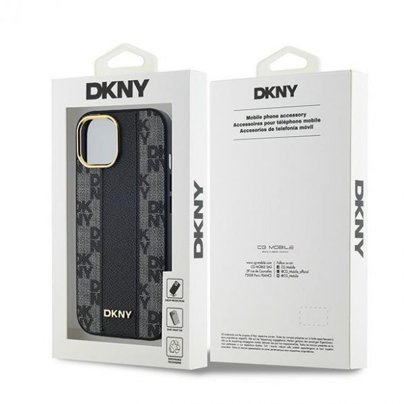 DKNY DKHMP14SPCPVSLK iPhone 14 / 15 / 13 Carcasă rigidă de 6,1 inchi, neagră/czarny, din piele, model mono, în carouri MagSafe