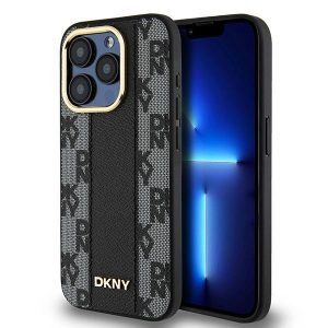 DKNY DKHMP15LCPPVSLK iPhone 15 Pro 6,1" husă rigidă, neagră/czarny, din piele, model mono, în carouri MagSafe