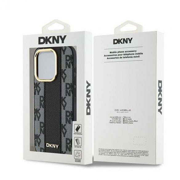 DKNY DKHMP15LCPPVSLK iPhone 15 Pro 6,1" husă rigidă, neagră/czarny, din piele, model mono, în carouri MagSafe