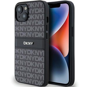 DKNY DKHCP14SPRTHSLK iPhone 14 / 15 / 13 Carcasă rigidă de 6,1 inchi, neagră/czarny, cu dungi mono și logo metalic din piele