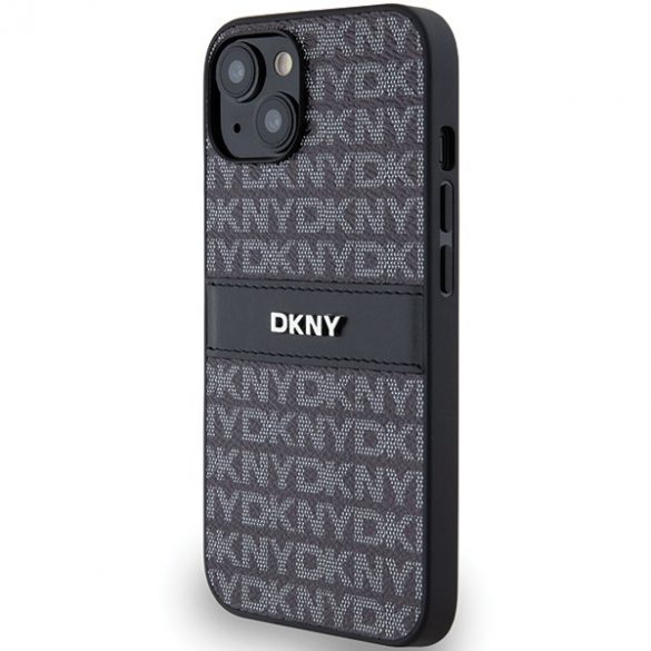 DKNY DKHCP14SPRTHSLK iPhone 14 / 15 / 13 Carcasă rigidă de 6,1 inchi, neagră/czarny, cu dungi mono și logo metalic din piele