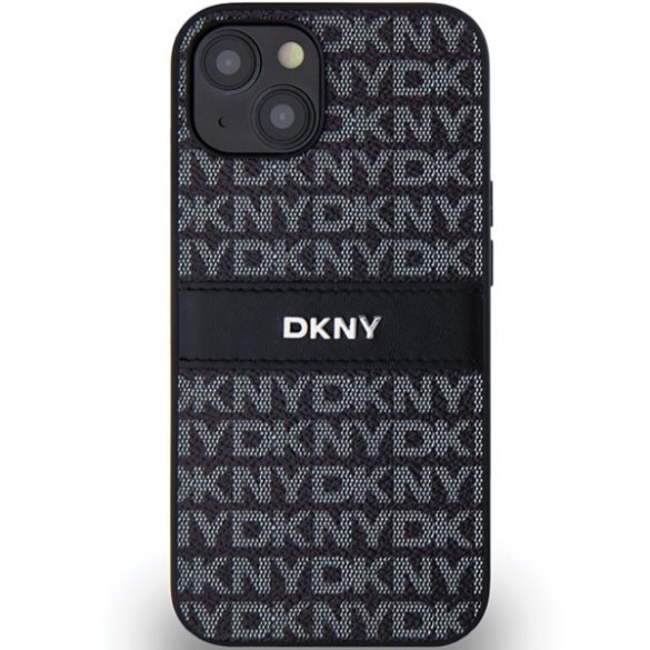 DKNY DKHCP14SPRTHSLK iPhone 14 / 15 / 13 Carcasă rigidă de 6,1 inchi, neagră/czarny, cu dungi mono și logo metalic din piele