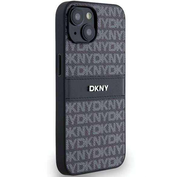 DKNY DKHCP14SPRTHSLK iPhone 14 / 15 / 13 Carcasă rigidă de 6,1 inchi, neagră/czarny, cu dungi mono și logo metalic din piele