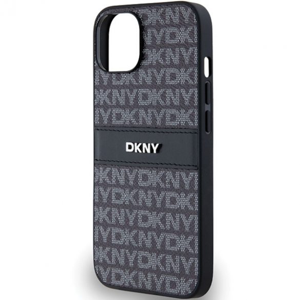 DKNY DKHCP14SPRTHSLK iPhone 14 / 15 / 13 Carcasă rigidă de 6,1 inchi, neagră/czarny, cu dungi mono și logo metalic din piele