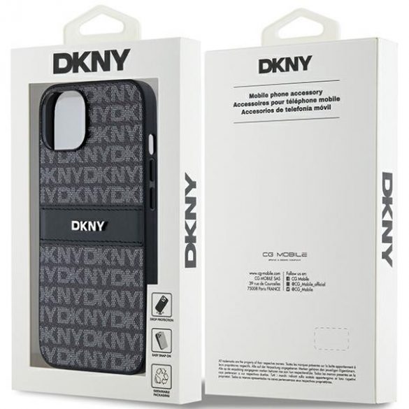 DKNY DKHCP14SPRTHSLK iPhone 14 / 15 / 13 Carcasă rigidă de 6,1 inchi, neagră/czarny, cu dungi mono și logo metalic din piele