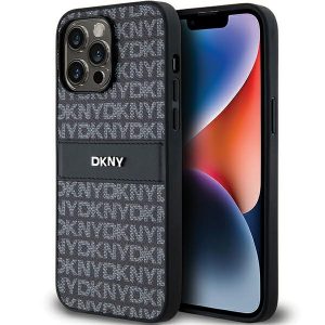 DKNY DKHCP14LPRTHSLK Husă rigidă din piele pentru iPhone 14 Pro de 6,1 inchi/negru cu dungi mono și logo metalic