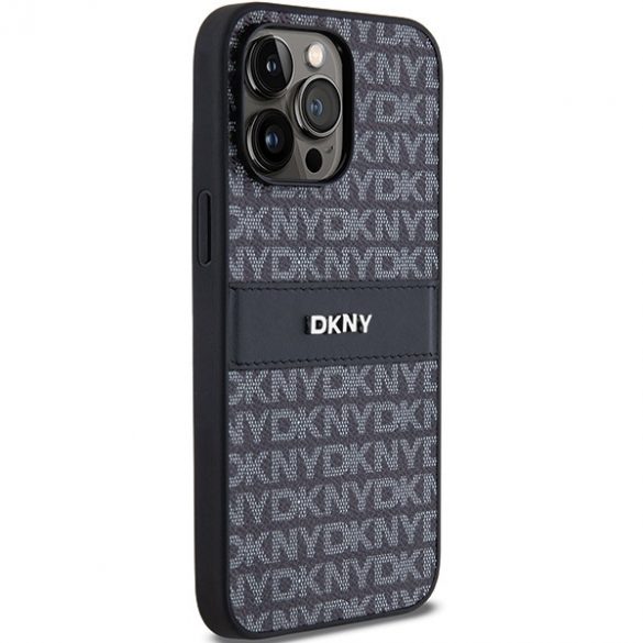 DKNY DKHCP14LPRTHSLK Husă rigidă din piele pentru iPhone 14 Pro de 6,1 inchi/negru cu dungi mono și logo metalic