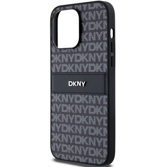 DKNY DKHCP14LPRTHSLK Husă rigidă din piele pentru iPhone 14 Pro de 6,1 inchi/negru cu dungi mono și logo metalic