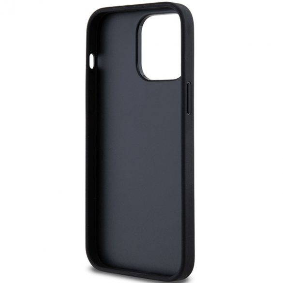 DKNY DKHCP14LPRTHSLK Husă rigidă din piele pentru iPhone 14 Pro de 6,1 inchi/negru cu dungi mono și logo metalic