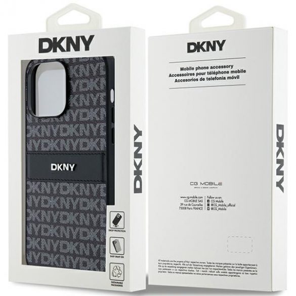 DKNY DKHCP14LPRTHSLK Husă rigidă din piele pentru iPhone 14 Pro de 6,1 inchi/negru cu dungi mono și logo metalic