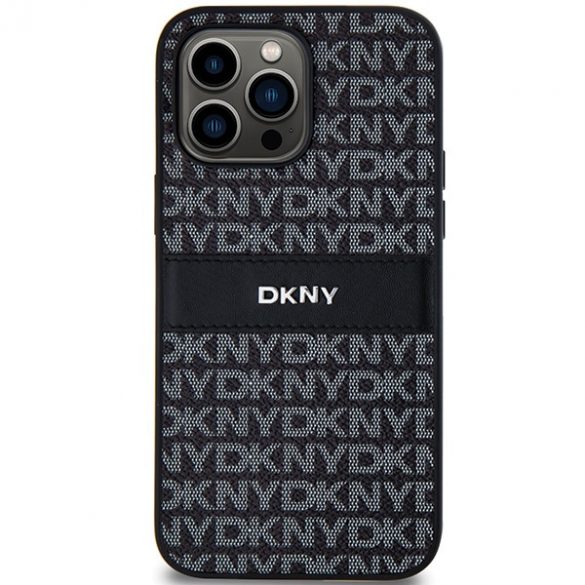 DKNY DKHCP14XPRTHSLK Husă rigidă din piele pentru iPhone 14 Pro Max de 6,7 inchi/negru cu dungi mono și logo metalic