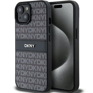 DKNY DKHCP15SPRTHSLK iPhone 15 / 14 / 13 Carcasă rigidă de 6,1 inchi, neagră/czarny, cu dungi mono și logo metalic din piele