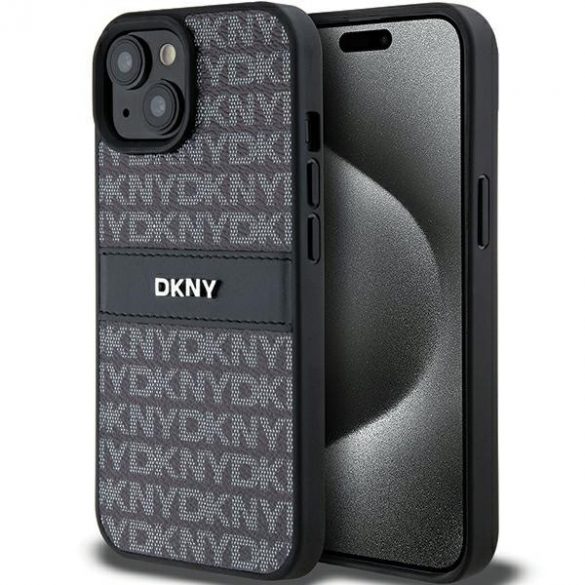 DKNY DKHCP15SPRTHSLK iPhone 15 / 14 / 13 Carcasă rigidă de 6,1 inchi, neagră/czarny, cu dungi mono și logo metalic din piele