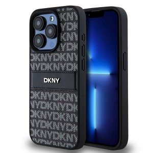 DKNY DKHCP15LPRTHSLK Husă rigidă din piele pentru iPhone 15 Pro de 6,1 inchi/negru, cu dungi mono și logo metalic