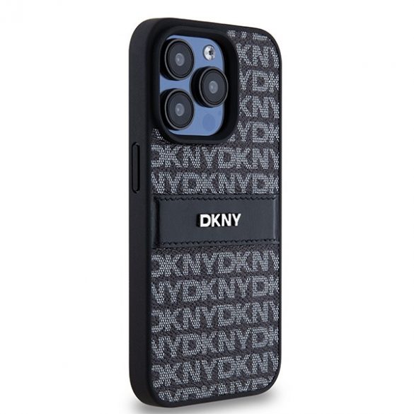 DKNY DKHCP15LPRTHSLK Husă rigidă din piele pentru iPhone 15 Pro de 6,1 inchi/negru, cu dungi mono și logo metalic