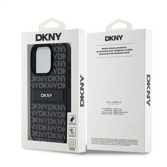 DKNY DKHCP15LPRTHSLK Husă rigidă din piele pentru iPhone 15 Pro de 6,1 inchi/negru, cu dungi mono și logo metalic