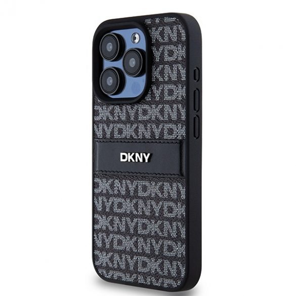 DKNY DKHCP15XPRTHSLK Carcasă rigidă din piele pentru iPhone 15 Pro Max de 6,7 inchi/negru cu dungi mono și logo metalic