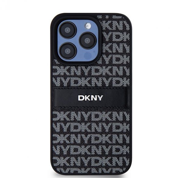 DKNY DKHCP15XPRTHSLK Carcasă rigidă din piele pentru iPhone 15 Pro Max de 6,7 inchi/negru cu dungi mono și logo metalic