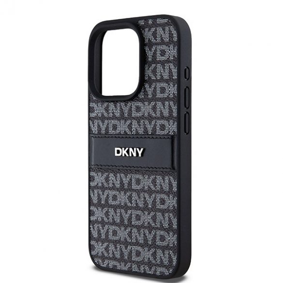 DKNY DKHCP15XPRTHSLK Carcasă rigidă din piele pentru iPhone 15 Pro Max de 6,7 inchi/negru cu dungi mono și logo metalic