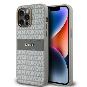 DKNY DKHCP14LPRTHSLE iPhone 14 Pro 6,1" husă rigidă beżow/bej piele cu dungi mono și logo metalic