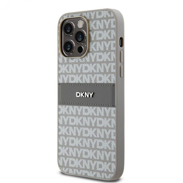 DKNY DKHCP14LPRTHSLE iPhone 14 Pro 6,1" husă rigidă beżow/bej piele cu dungi mono și logo metalic