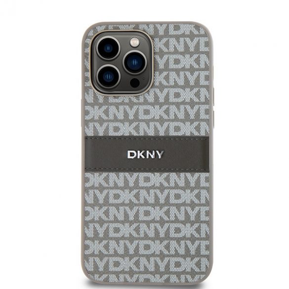 DKNY DKHCP14LPRTHSLE iPhone 14 Pro 6,1" husă rigidă beżow/bej piele cu dungi mono și logo metalic