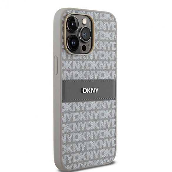 DKNY DKHCP14LPRTHSLE iPhone 14 Pro 6,1" husă rigidă beżow/bej piele cu dungi mono și logo metalic